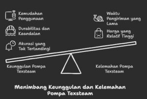 Mengapa Texsteam Pump Begitu Populer? Texsteam adalah merek yang telah lama menjadi nama besar di dunia pompa industri, terutama di pasar minyak dan gas. Berikut adalah beberapa alasan mengapa produk mereka sering menjadi pilihan utama: 1. Akurasi yang Tak Tertandingi Texsteam pump dirancang untuk memberikan akurasi hingga ±1% . Artinya, Anda bisa yakin bahwa setiap tetes bahan kimia yang dipompa sesuai dengan kebutuhan proses. 2. Durabilitas dan Keandalan Produk Texsteam dikenal tahan lama, bahkan dalam kondisi operasi yang keras seperti lingkungan korosif atau suhu ekstrem. Mereka menggunakan material berkualitas tinggi, seperti PVC , PVDF , dan SS316L , untuk memastikan pompa tetap berfungsi optimal dalam jangka panjang. 3. Kemudahan Penggunaan Texsteam menyediakan antarmuka yang ramah pengguna, sehingga bahkan operator pemula pun dapat mengoperasikannya dengan mudah. Fitur-fitur seperti kontrol manual dan otomatis juga tersedia untuk memenuhi kebutuhan berbagai aplikasi. Kelemahan Texsteam Pump Meskipun memiliki banyak keunggulan, Texsteam pump juga memiliki beberapa kelemahan yang perlu dipertimbangkan: 1. Harga yang Relatif Tinggi Salah satu alasan utama mengapa beberapa orang mencari alternatif adalah karena harga Texsteam pump cukup mahal. Untuk model premium, harga bisa mencapai puluhan juta rupiah, tergantung spesifikasi dan kapasitasnya. 2. Waktu Pengiriman yang Lama Untuk beberapa model, waktu tunggu pengiriman bisa memakan waktu berminggu-minggu, terutama jika Anda memesan dari distributor lokal yang tidak memiliki stok langsung.